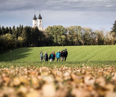 Wandergruppe im Herbstlaub. Im Hintergrund sind die Klostertürme Roggenburg zu sehen.